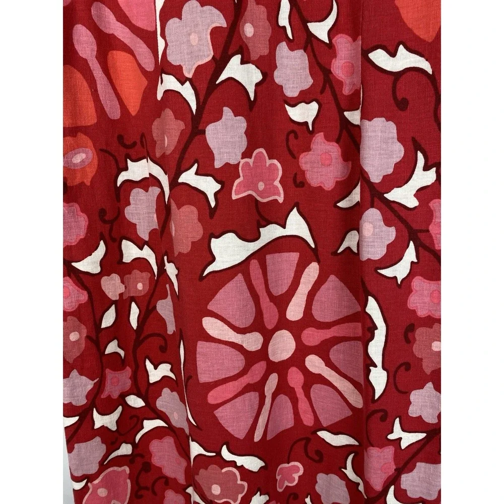 Rhode Womens 12 Red Pink White Floral Sleeveless Linen Blend Ruffle Sheath Dress